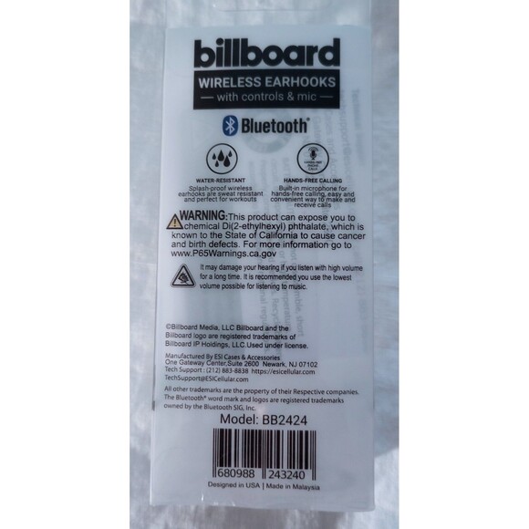 NEW Billboard Wireless Bluetooth Earhooks Headphones w/Controls+Mic & CarCharger - Picture 2 of 5